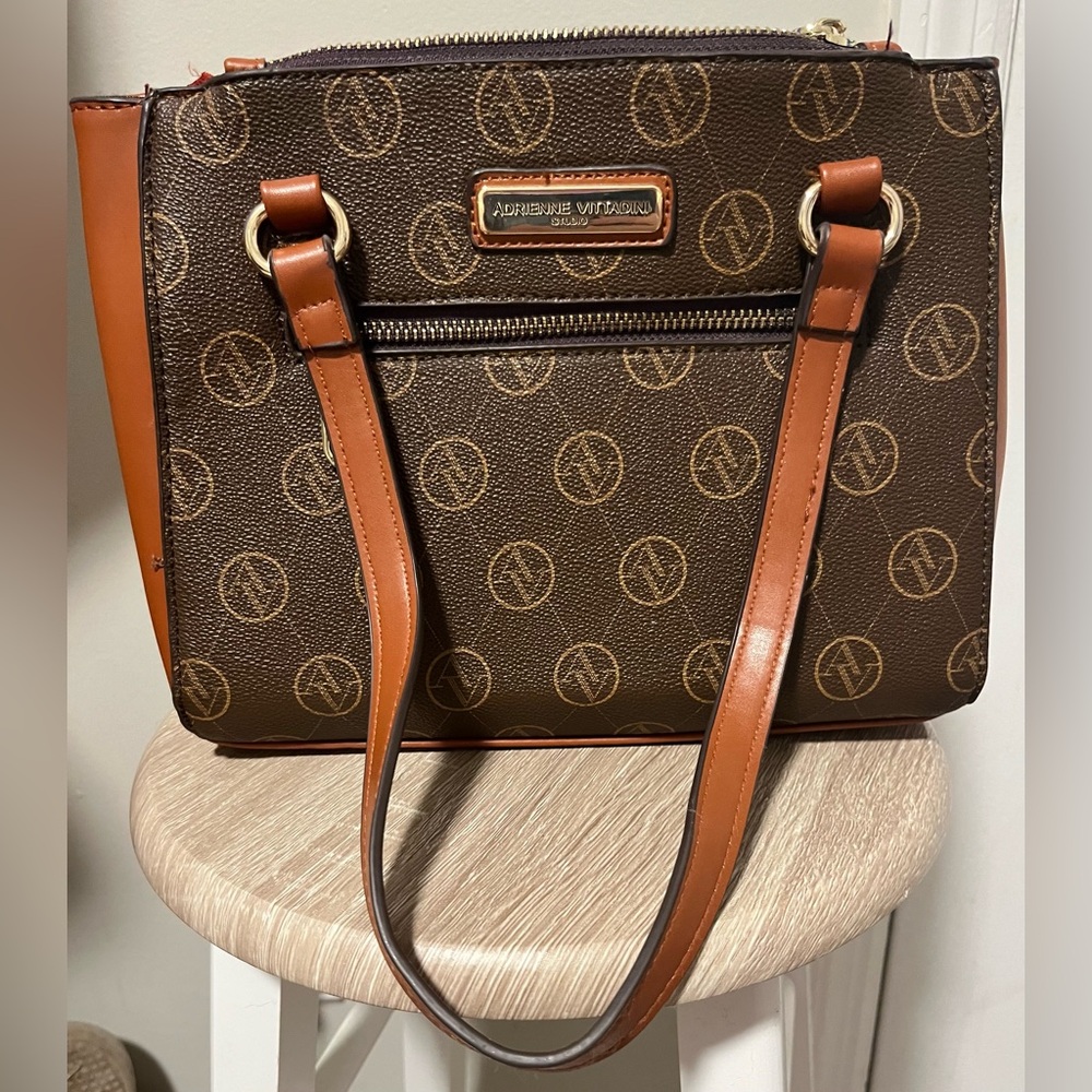 Adrienne Vittadini Brown and Tan Shoulder Bag with Monogram Print